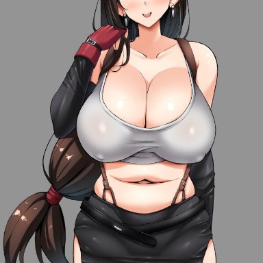 1girls, big ass, big breasts, blush, brown hair, earrings, female, female only, final fantasy, final fantasy vii, gloves, grey background, huge breasts, large breasts, legs