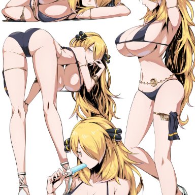 1girls, bending over, big breasts, bikini, blonde hair, cynthia (pokemon), female, hair ornament, long hair, looking at viewer, nintendo, pokemon, pokemon dppt, popsicle, suzusiigasuki