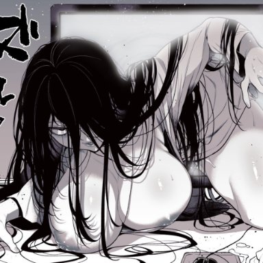 1girls, areolae, black hair, breasts, breasts outside, busty, computer, computer mouse, creepy, dress, erect nipples, female, ghost, ghost girl, hair over one eye