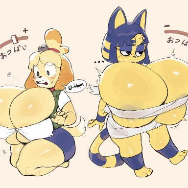 ..., animal crossing, ankha, anthro, areola, areola slip, big breasts, blonde hair, blue hair, blush, body slider, bottomwear, breast expansion, breast slider, breasts