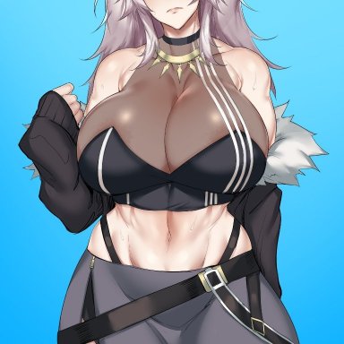 animal ears, big breasts, ear piercing, grey eyes, grey hair, hololive, huge breasts, midriff, miniskirt, muscular, muscular female, natedecock, shishiro botan, sweat, sweatdrop