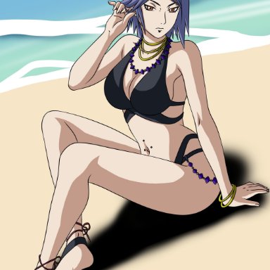 1girls, arm support, barefoot, bikini, blue hair, bracelets, breasts, cleavage, feet, female, female only, flower, hair ornament, hand on hair, konan