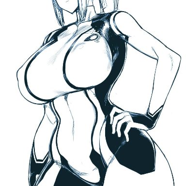 big breasts, black and white, breasts, hands on hips, metroid, ponytail, samus aran, solo, space jin, spacezin, thick thighs, thighs, zero suit, zero suit samus