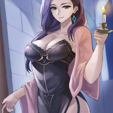 1girl, 1girls, big breasts, candle, cleavage, earrings, fire emblem, fire emblem echoes, fire emblem echoes: mou hitori no eiyuuou, garter belt, garter straps, looking at viewer, lowres, night, purple eyes