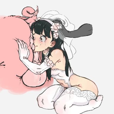 1animal, 1boy, 1girl, amagi yukiko, anilingus, beast rimming, big anus, big balls, black hair, bridal gloves, bridal lingerie, bridal stockings, bridal veil, crying, female