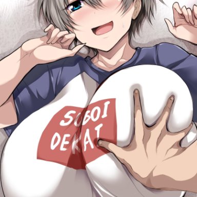 1boy, 1girls, blue eyes, blush, breast grab, breasts, embarrassed, eyebrows visible through hair, female, grabbing, grey hair, groping, hair between eyes, high resolution, huge breasts