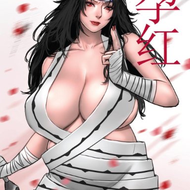 1girls, bandages, black hair, breasts, character name, female, female only, forehead protector, holding object, holding weapon, huge breasts, japanese text, kanji, kunai, kurenai yuhi