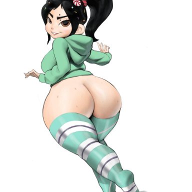 1girls, aged up, ass, big ass, black hair, breasts, brown eyes, disney, female, female only, green legwear, green sweater, grin, hair ornament, highres