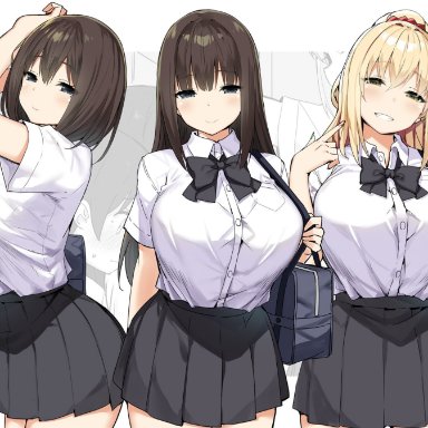 2019, 3girls, ara ara, arms up, bag, bangs, bare arms, black hair, blonde hair, blonde onee-san (sky (freedom)), blush, bow, bowtie, breasts, clothed