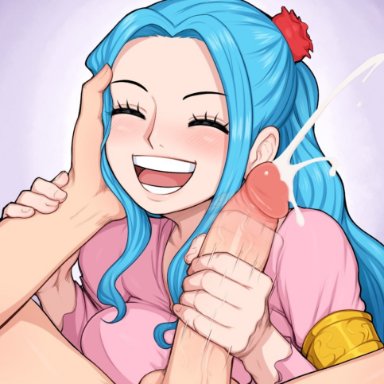 1boy, 1girls, afrobull, armband, artist name, bangs, big penis, blue hair, blush, breasts, bwc, check copyright, closed eyes, collarbone, copyright request