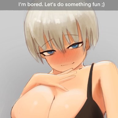 1girls, big breasts, blue eyes, bra, female, grey hair, huge breasts, large breasts, pale skin, pale-skinned female, paranoiddroid, short hair, text, uzaki hana, uzaki-chan wa asobitai!