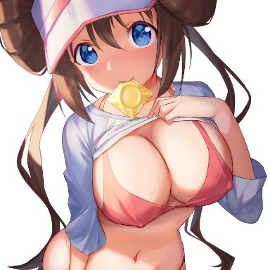 1girls, big breasts, blue eyes, bra, brown hair, condom in mouth, double bun, eye contact, female, hat, large breasts, long hair, looking at viewer, nintendo, pale skin