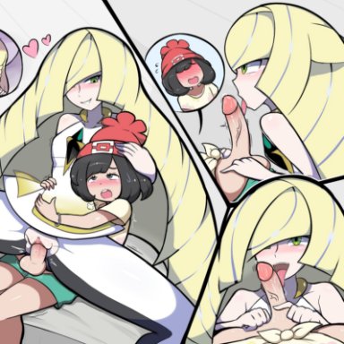 1futa, 2girls, balls, black eyes, black hair, blonde hair, blush, duplichance, embarrassed, female, futa on female, futanari, green eyes, hair over one eye, half-closed eyes