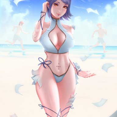 1girls, 2boys, beach, big breasts, bikini, blue hair, breasts, cleavage, cutout, eyeshadow, flower, hair ornament, konan, looking at viewer, makeup