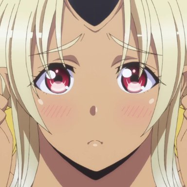 1boy, 1girl, animated, blonde hair, bouncing breasts, cleavage, horn, huge breasts, indoor, kimihito kurusu, locker room, long hair, monster girl, monster musume no iru nichijou, ogre