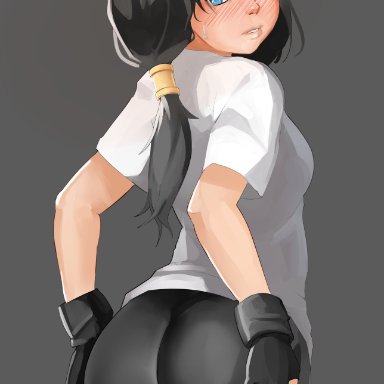 1girls, ass, big ass, black hair, civildreams, dragon ball, dragon ball z, female, pale skin, pale-skinned female, shorts, spandex, videl