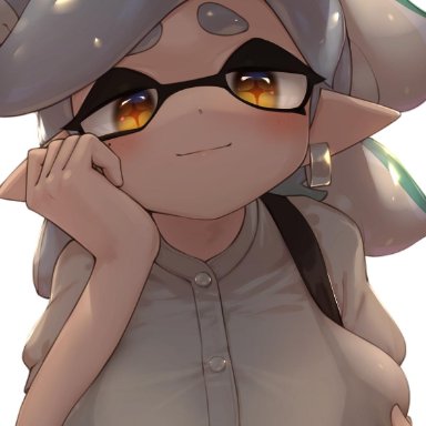 breasts, buttons, clothed, clothes, domino mask, earrings, female, female only, hands on own chest, hizake, large breasts, looking at viewer, marie (splatoon), mole, mole under eye