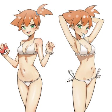 armpits, arms up, asymmetrical hair, bikini, bikini top, blush, breasts, female, green eyes, high resolution, kasumi (pokemon), kiritzuguart, looking at viewer, medium breasts, nintendo