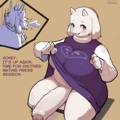 2020, anthro, asgore dreemurr, balls, big breasts, big penis, boss monster, bovid, breasts, caprine, chubby, clothed, clothing, dialogue, english text