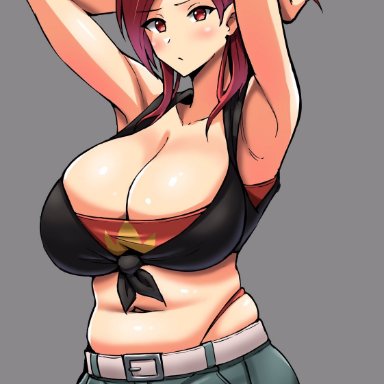 1girls, arms behind head, blush, bra, breasts, female, female only, flannery (pokemon), grey background, huge breasts, large breasts, long hair, navel, pants, pokemon
