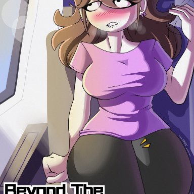 1girls, 2020, absurd res, airplane, airplane interior, alternate body type, alternate breast size, anor3xia, artist name, biting lip, biting own lip, black pants, blush, clothed female, comic