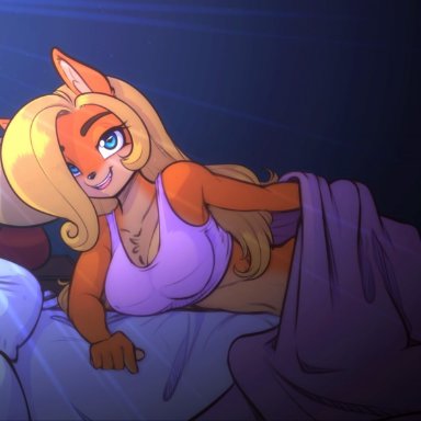 coco bandicoot, crash (series), female, furry, implied nudity, in bed, inviting, looking at viewer, scorpdk