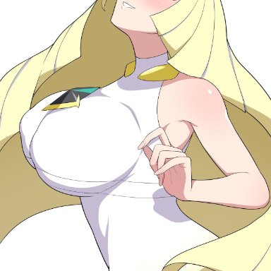 1girls, big breasts, blush, eye contact, female, green eyes, haikome, huge breasts, large breasts, looking at viewer, lusamine (pokemon), mature female, milf, mother, nintendo