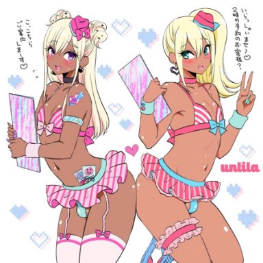 2boys, androgynous, blonde hair, bulge, dark-skinned male, femboy, legwear, nagano rira, skirt, tagme, trap