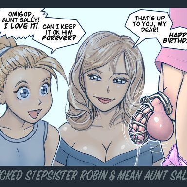 1boy, 2girls, aunt, birthday, birthday gift, blonde hair, blue balls, blue eyes, brother and sister, chastity, chastity cage, chastity device, cleavage, cum in chastity, dialogue