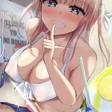 1boy, absurdres, akiamare, banana print, bangs, bikini, blue eyes, blush, breasts, censored, collarbone, covered nipples, cup, drinking straw, english text