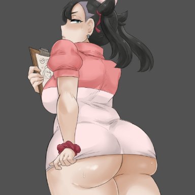 1girls, ass, big ass, big breasts, black hair, blush, bottom heavy, breasts, female, hair ribbon, huge ass, ineffective clothing, large ass, looking back, marnie (pokemon)