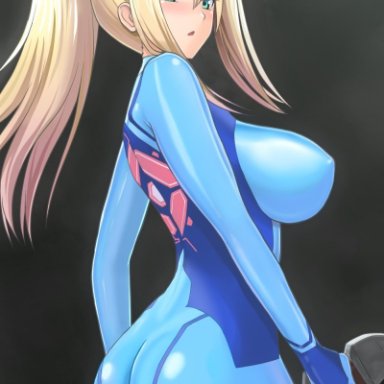 big breasts, blonde hair, blue eyes, clothed female, female, female focus, female only, long hair, metroid, nintendo, nipples, nipples visible through clothing, ponytail, samus aran, solo