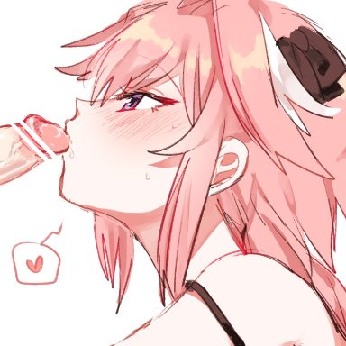 2boys, astolfo (fate), blush, braided hair, censor bar, censored, fate (series), fate/grand order, fellatio, femboy, genital fluids, koyashaka, long hair, male, male/male