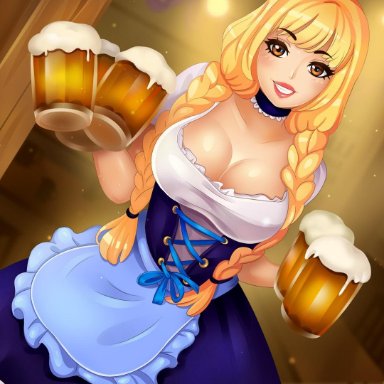 1girl, blonde hair, brown eyes, Fapceo, german clothes, girl only, Ingrid (Fapceo), Juego, long braids, long hair, Nutaku.net, oktoberfest, smile, twin braids, woman