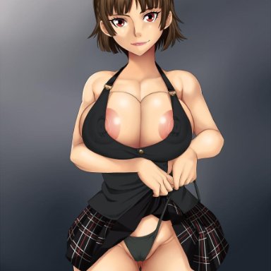 atlus, big breasts, brown hair, clothed female, female, female focus, female only, makoto niijima, nipples, nipples visible through clothing, persona, persona 5, red eyes, short hair, solo