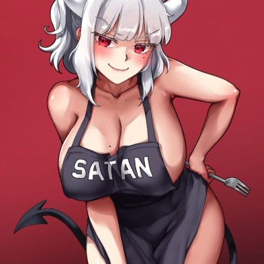 bent over, big breasts, collarbone, colored nails, demon tail, eyebrows visible through hair, female, female only, fork, gradient background, grin, hand on hip, helltaker, horn, lucifer (helltaker)