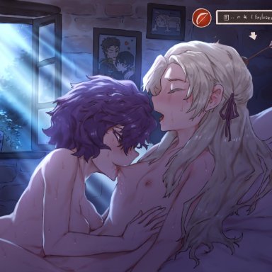 2girls, arrow, bedroom, bernadetta, bernadetta von varley, bow, breast sucking, byleth (fire emblem), byleth (male), claude (fire emblem), closed eyes, edelgard (fire emblem), edelgard von hresvelgr (fire emblem), english text, female only