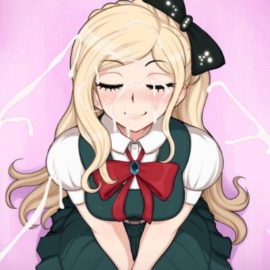 afrobull, bangs, bead bracelet, beads, black bow, blonde hair, blush, bow, bowtie, bracelet, braid, breasts, closed eyes, commentary, cum