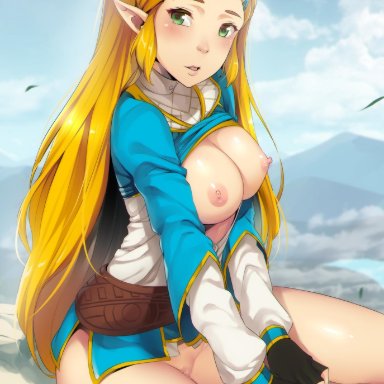 1girls, blonde hair, bottomless, braid, breasts, breasts out, breath of the wild, censored, dannex009, erect nipples, female, female only, green eyes, long hair, looking at viewer