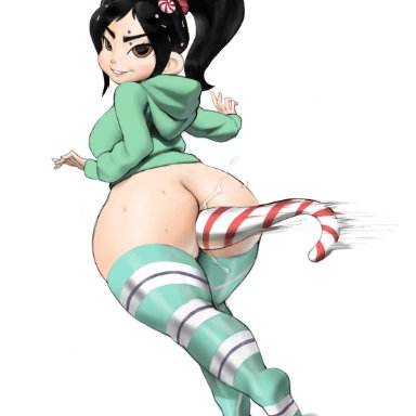 absurdres, ass, black hair, breasts, brown eyes, cactus64, candy, candy cane, commentary, ear, female, food, green legwear, green sweater, grin