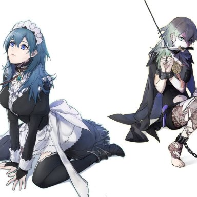 1girls, all fours, arms tied, big breasts, blue eyes, blue hair, bondage, bridal gauntlets, byleth (female), byleth (fire emblem), byleth (fire emblem) (female), captured, chained, chains, closed mouth