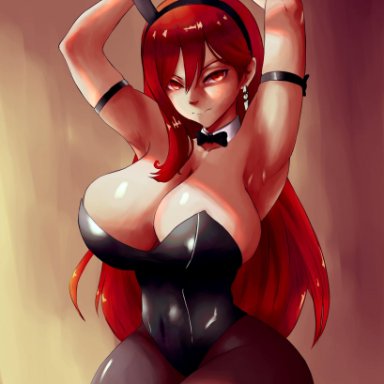 big breasts, bunny ears, bunny girl, bunnysuit, erza scarlet, fairy tail, female, female focus, female only, pantyhose, red hair, solo, solo female, solo focus, yomichiboy