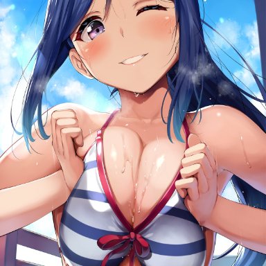 1boy, bangs, banned artist, belko, bikini, blue hair, blush, breast squeeze, breasts, censored, clothed female nude male, female, front-tie bikini, front-tie top, grin