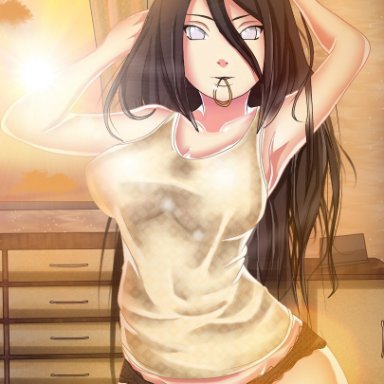 1girls, adjusting hair, alisaposmashnaya, armpits, big breasts, boruto: naruto next generations, breasts, brown hair, female, female only, hyuuga hanabi, long hair, looking at viewer, naruto, naruto (series)