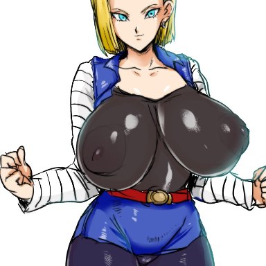 1girls, akikusa peperon, alternate version available, android 18, blonde hair, blue eyes, cameltoe, cleavage, curvy, dragon ball, erect nipples, female, gigantic breasts, huge areolae, huge ass