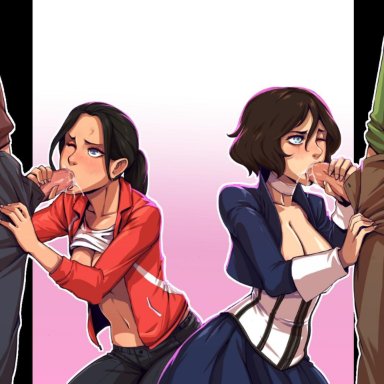 2boys, 2girls, bangs, bioshock, bioshock infinite, black hair, black jacket, black pants, blue dress, blue eyes, breasts, brown hair, brown pants, choker, cleavage