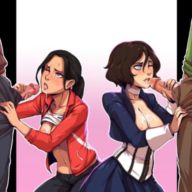 2boys, 2girls, after fellatio, bangs, bioshock, bioshock infinite, black hair, black jacket, black pants, blue dress, blue eyes, breasts, brown hair, brown pants, choker