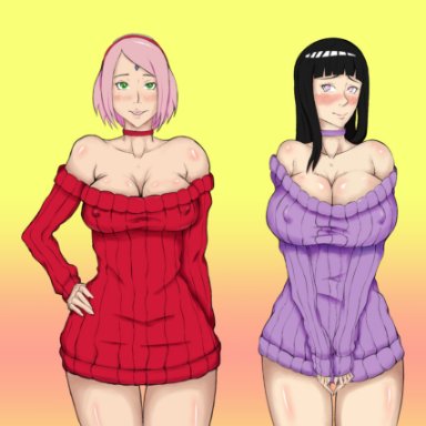 4girls, bare shoulders, big breasts, black hair, blonde hair, blue eyes, blush, boruto: naruto next generations, breasts, brown hair, choker, cleavage, erect nipples, erect nipples under clothes, facial mark