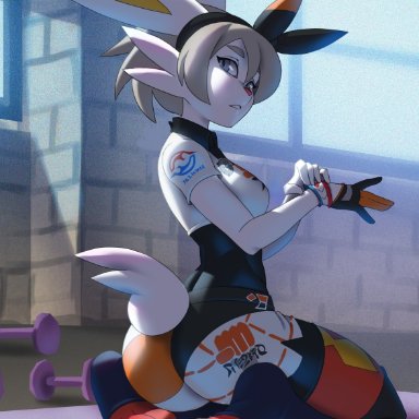 1girls, 2019, alanscampos, alternate species, anthro, ass, bea (pokemon), bunny ears, cinderace, clothing, feet, female, furry, kneeling, nintendo