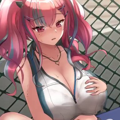 1girl, 3d animated, animated, azur lane, bangs, bare shoulders, blue sky, bow, bra, bra visible through clothes, breasts, bremerton (azur lane), bremerton (scorching-hot training) (azur lane), chain-link fence, clothed masturbation